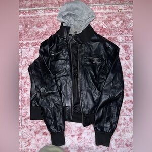 Kids Black Faux Leather Jacket with Gray Hood